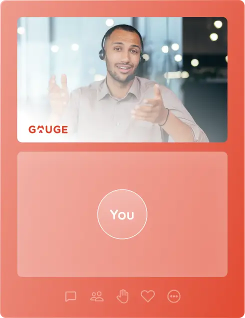 video-call mockup of a video call in progress, with a Gauge representative smiling